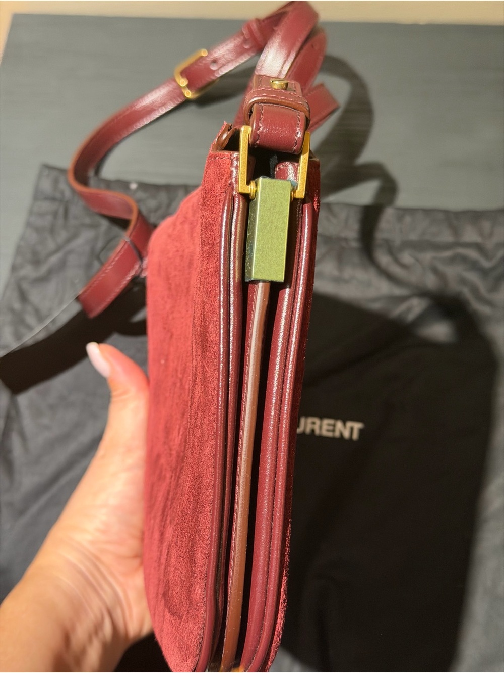 Saint Laurent Burgundy Suede Crossbody Bag with Gold Hardware - Picture 4 of 5